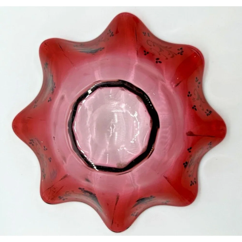 Vintage Murano Style Red Art Glass Bowl Hand Painted Gold Ruffled Rim Rare - Picture 9 of 11